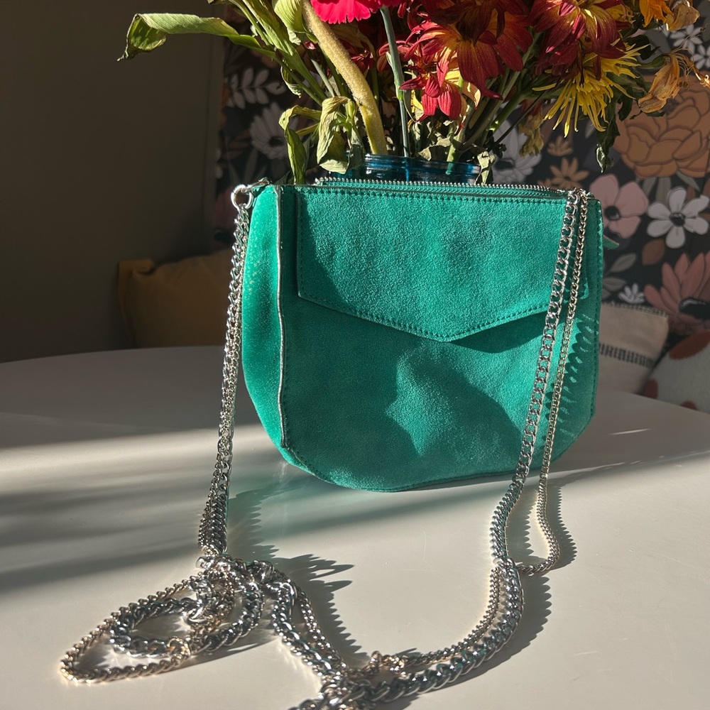 Zara Teal Suede Crossbody Bag with Silver Chain